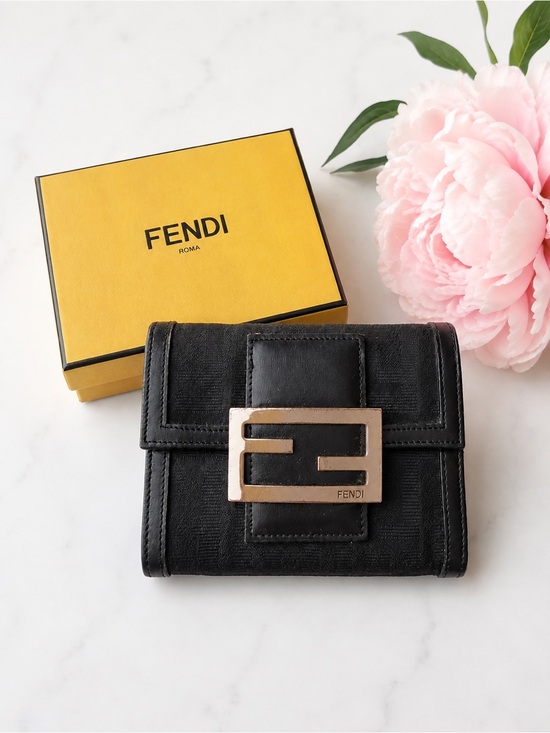 Fendi Handbags - Fendi Vintage Black FF Zucca Trifold Wallet Silver FF Buckle